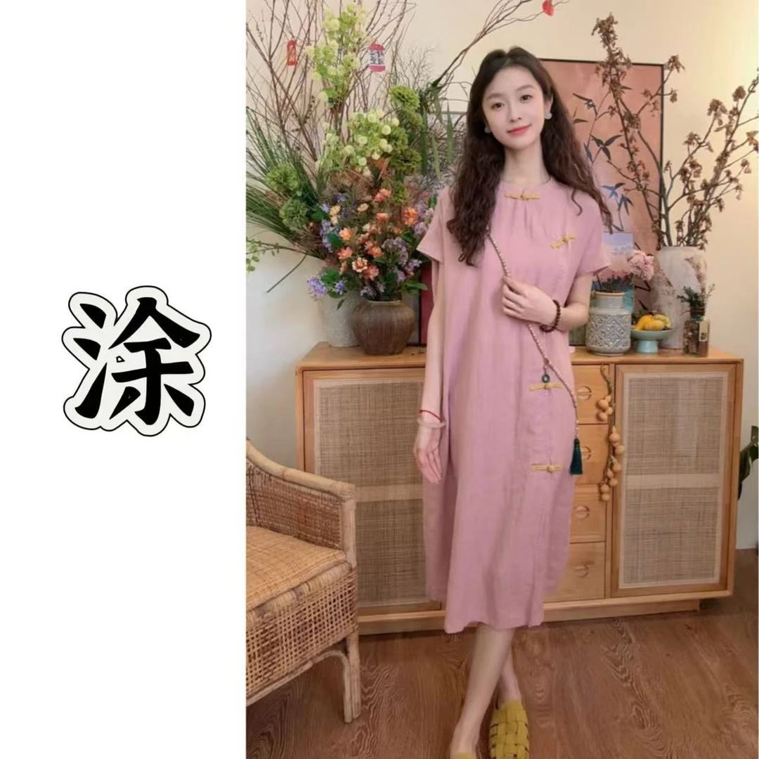 涂涂国风【绵云】原创设计新中式夏季亚麻禅意月亮袖小衫连衣裙