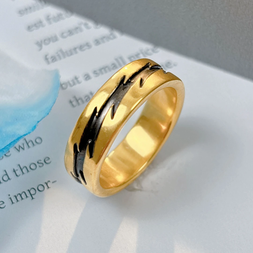 水贝千玺珠宝 闪电足金999戒指黄金复古电黑工艺5D精品黑金直播