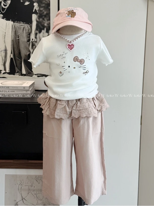 公主小喵｜2025 夏季女童韩系粉色长裤荷叶边短袖 T 恤