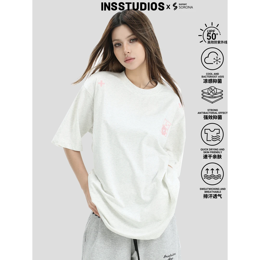 INSstudios国潮牌情侣美式线条刺绣LOGO短袖夏季正肩V领修身T恤
