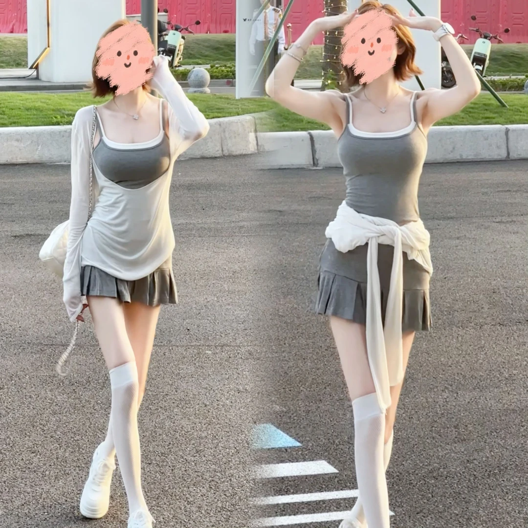 韩系辣妹套装女夏季假两件吊带背心百搭短裙纯欲防晒罩衫三件套