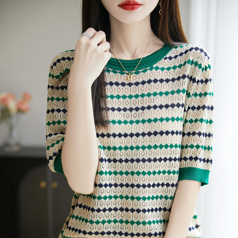 鄂尔多斯市镂空提花T恤拼色中袖女冰丝凉感条纹短袖上衣打底薄款