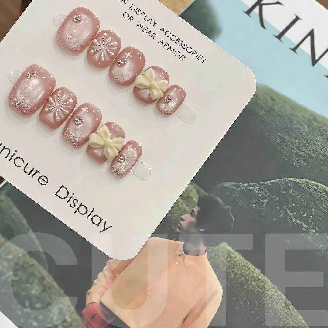 【纯白花火】短款猫眼显白可爱卡通蝴蝶结纯手工高级感穿戴甲美甲