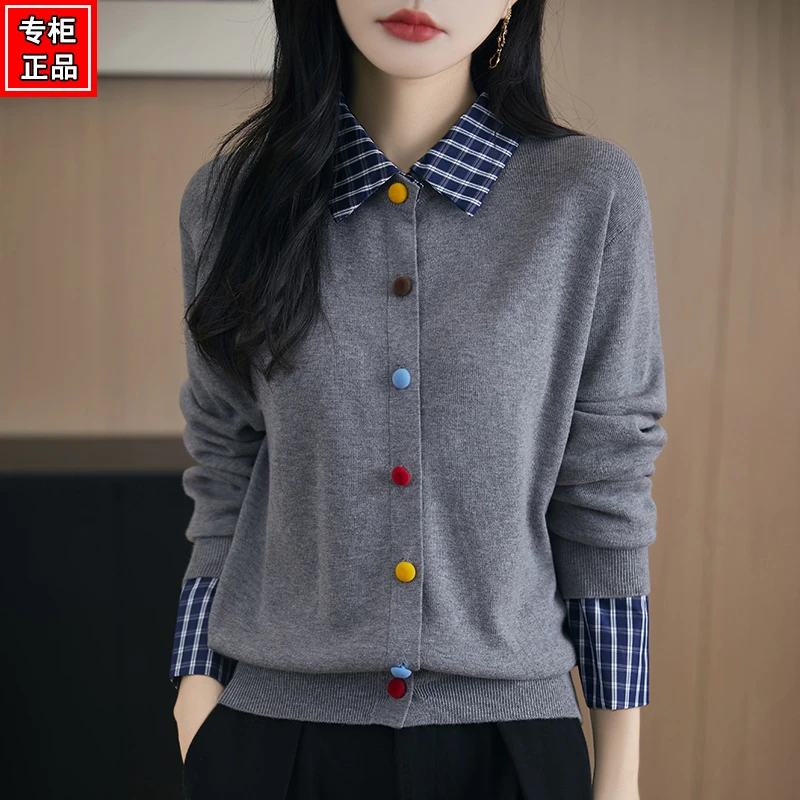 哥弟阿玛施正品春秋新款百搭拼色假两件针织开衫小香风翻领上衣女