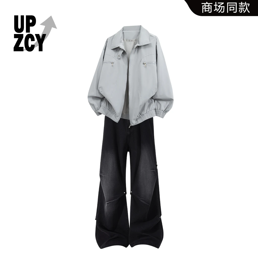 UPZCY美式街头风时尚夹克套装2025秋冬男士新款痞帅感男装牛仔裤