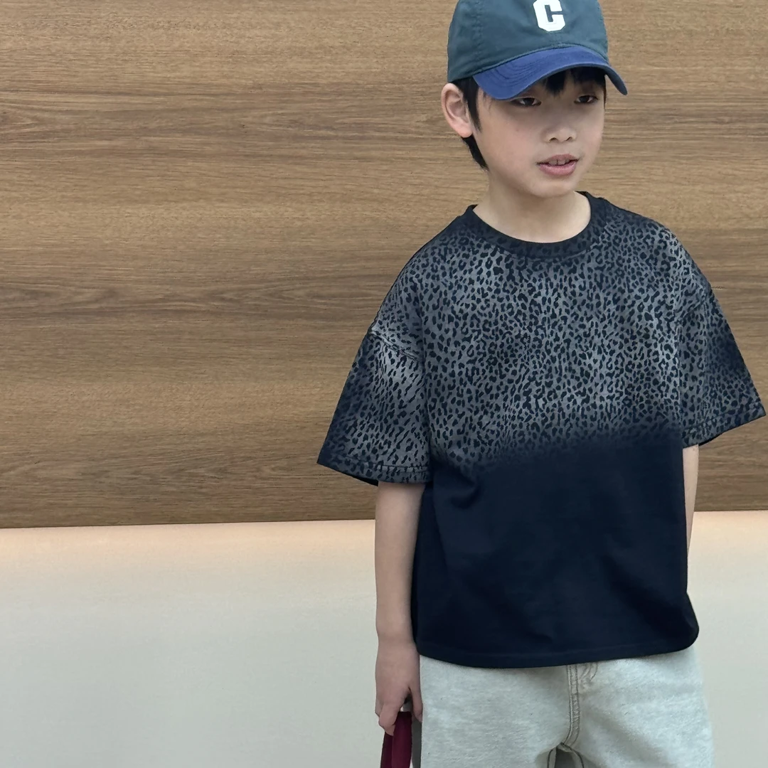 vilimama2025夏款渐变豹纹纯棉夏季短袖T恤中大童上衣儿童洋气
