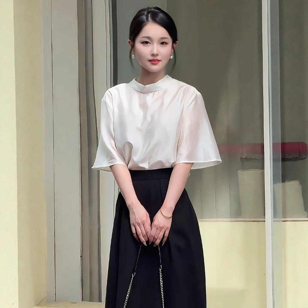 法式复古后背系带白色短袖衬衫女2025夏季新款设计感宽松减龄上衣