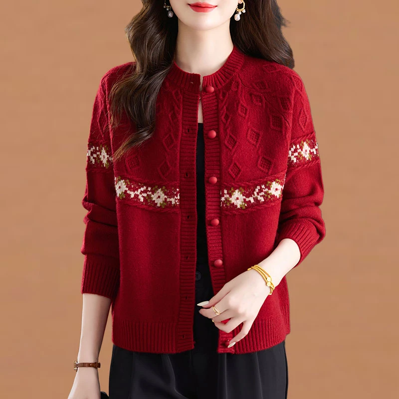 洋气妈妈秋冬休闲毛衣外套女上衣2025新款时尚提花针织衫开衫百搭