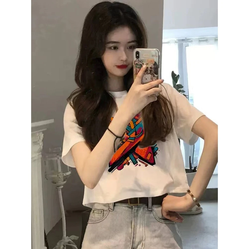 潮流露脐短款显瘦圆领白色短袖t恤女百搭小众设计感辣妹减龄上衣