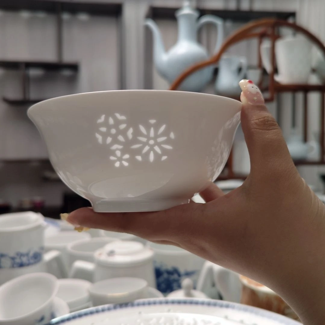 瓷纯白皮球花饭碗四只装