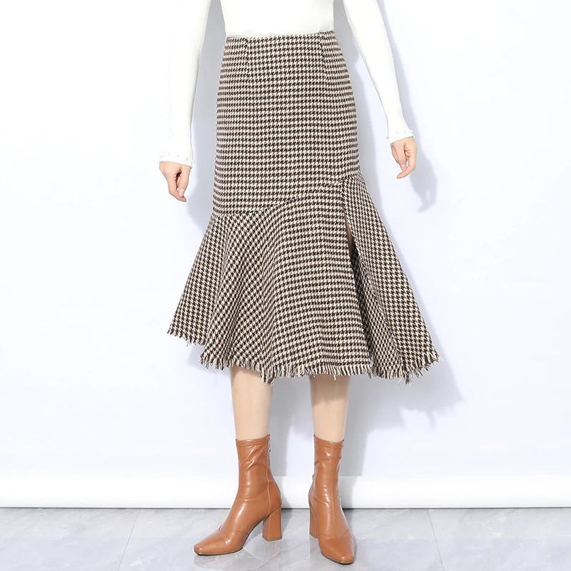 千鸟格半身裙女中长款毛呢一步裙秋冬2025新款高腰不规则包臀裙子