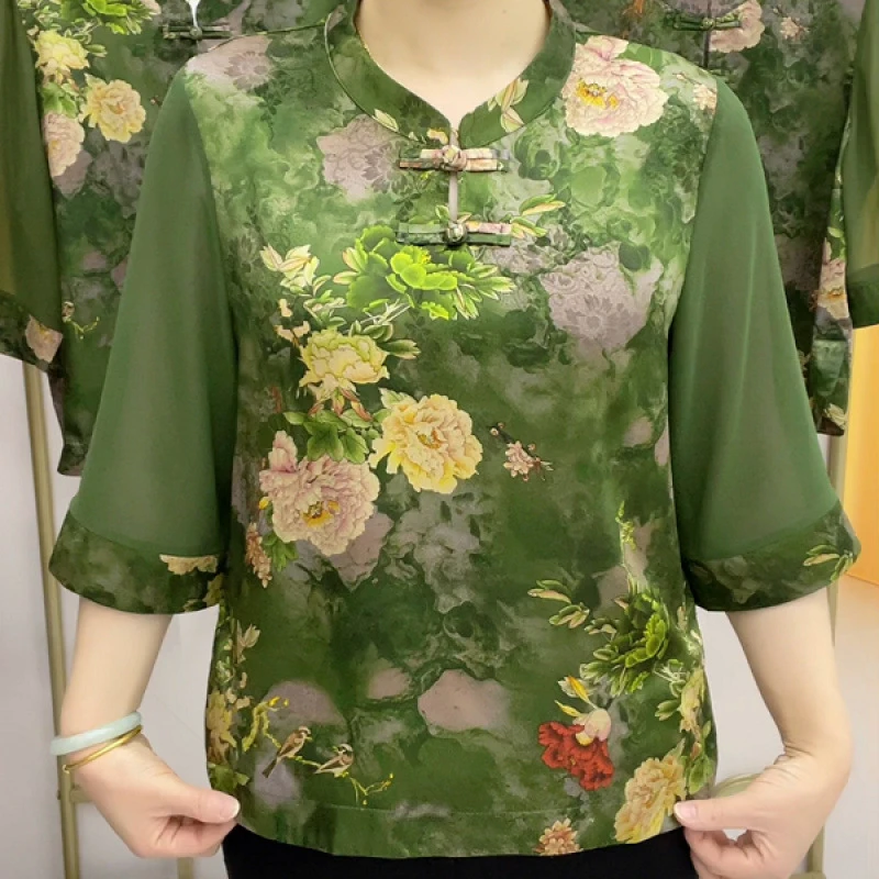 中老年大码妈妈装2025春夏季新款时尚宽松洋气高档显瘦七分袖上衣