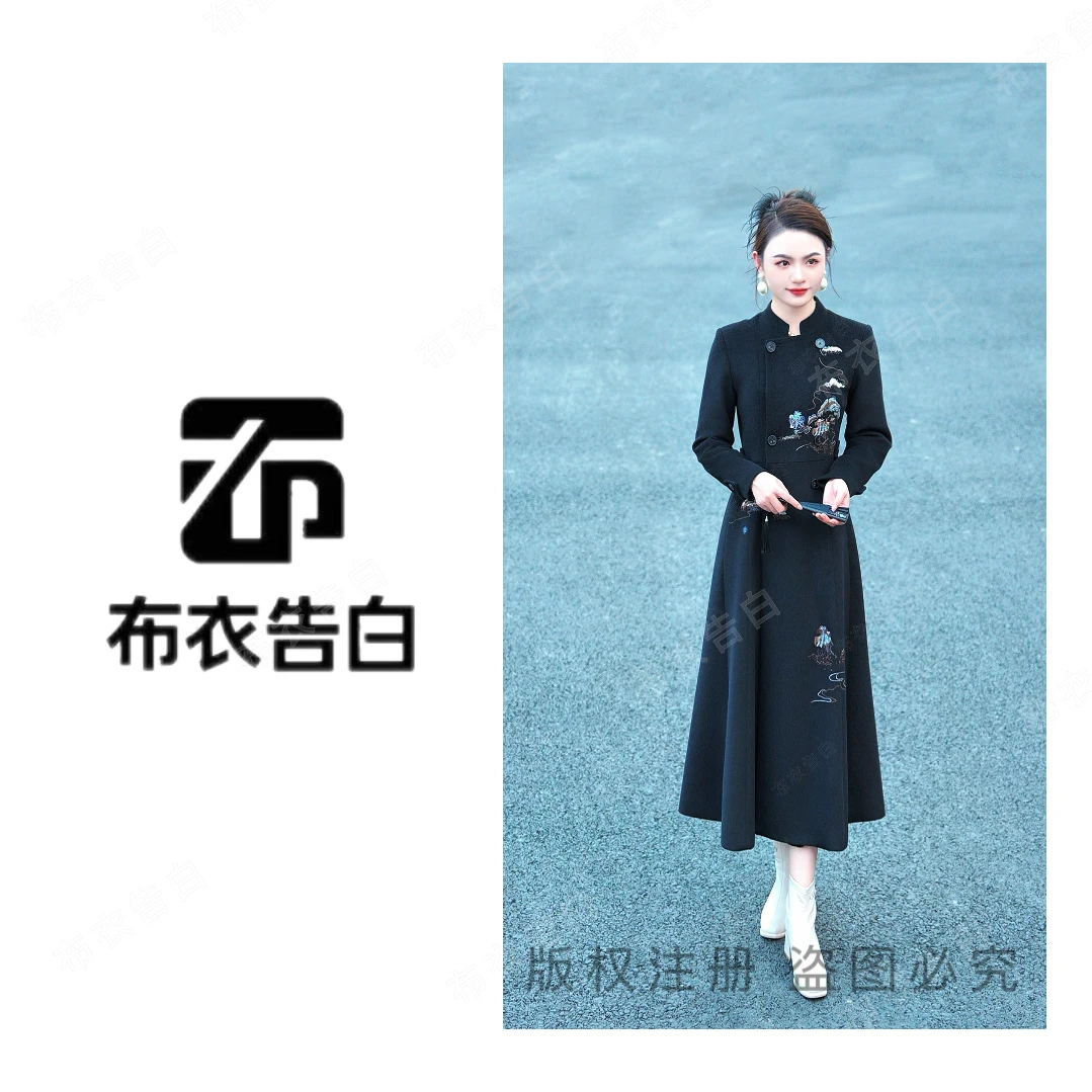 25283-2025秋冬新款中式国风千里江山刺绣图复古气质呢子大衣