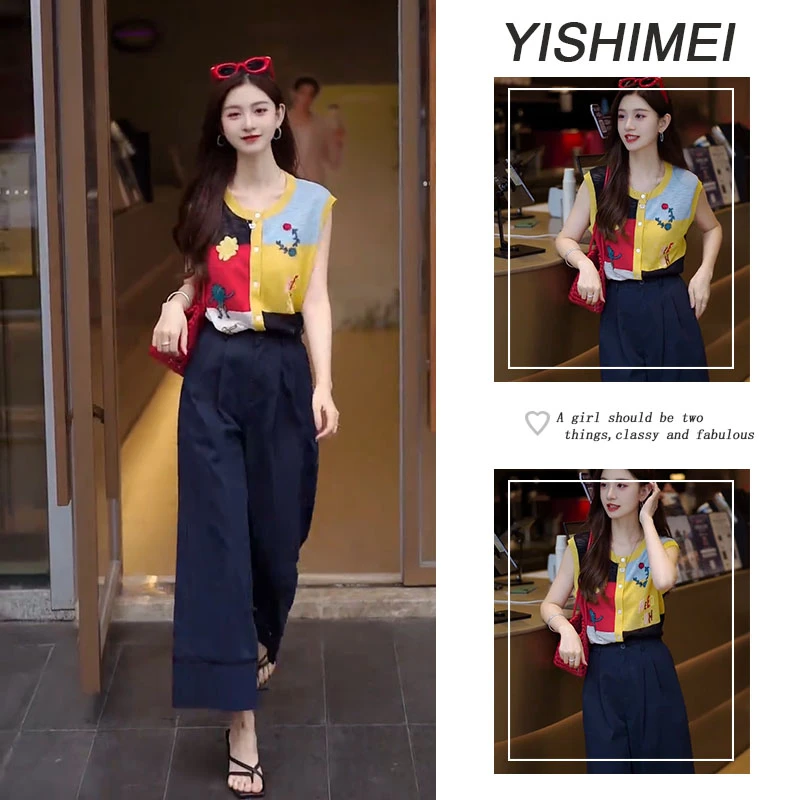 夏季超火一整套2025年夏季新款撞色百搭无袖上衣休闲裤两件套装