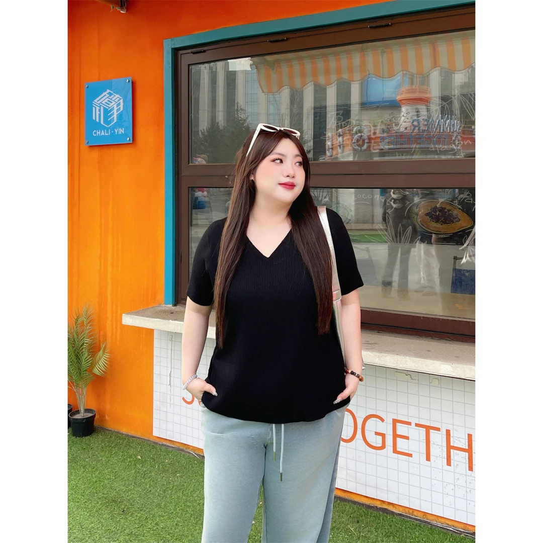 断码捡漏~草莓奶冻 / 零压感V领针织短袖14299花契大码200斤胖mm