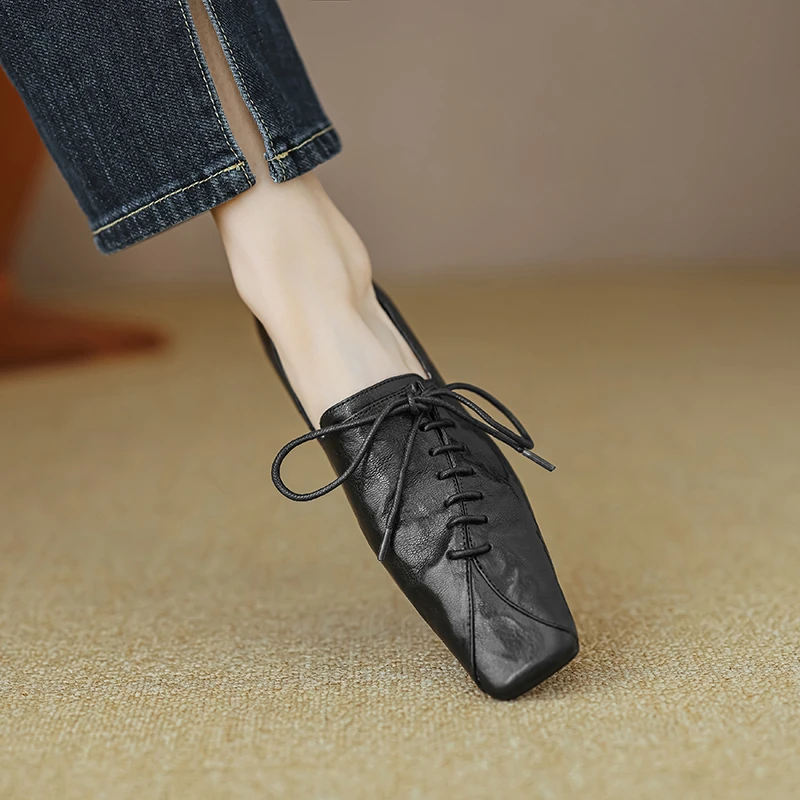 羊皮版真皮方头深口系带英伦风单鞋女法式复古黑色通勤软底小皮鞋