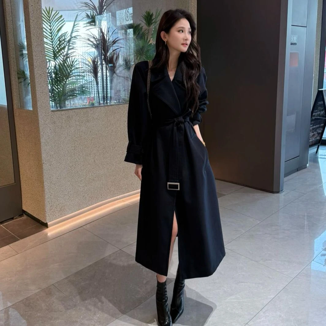 LOSA ROSA秋季新款复古气质时尚翻领系带小个子风衣中长款外套女