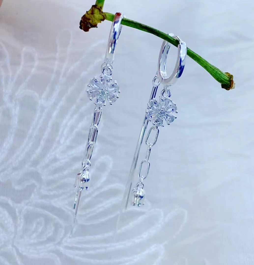 足银耳饰 990轻奢时尚满钻小花流苏耳扣