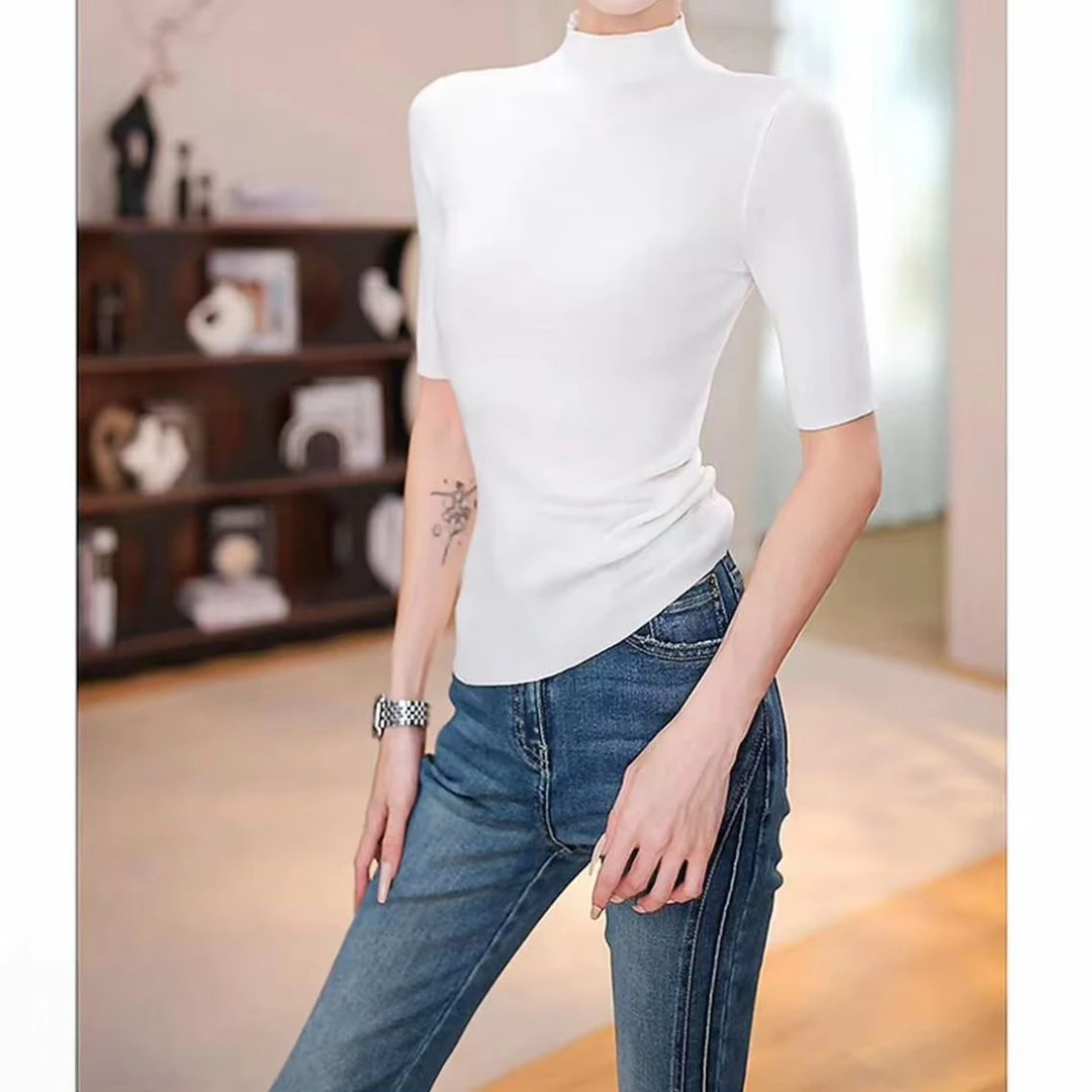 纯色基础款显瘦中袖半高领针织衫女2025四季百搭打底衫上衣