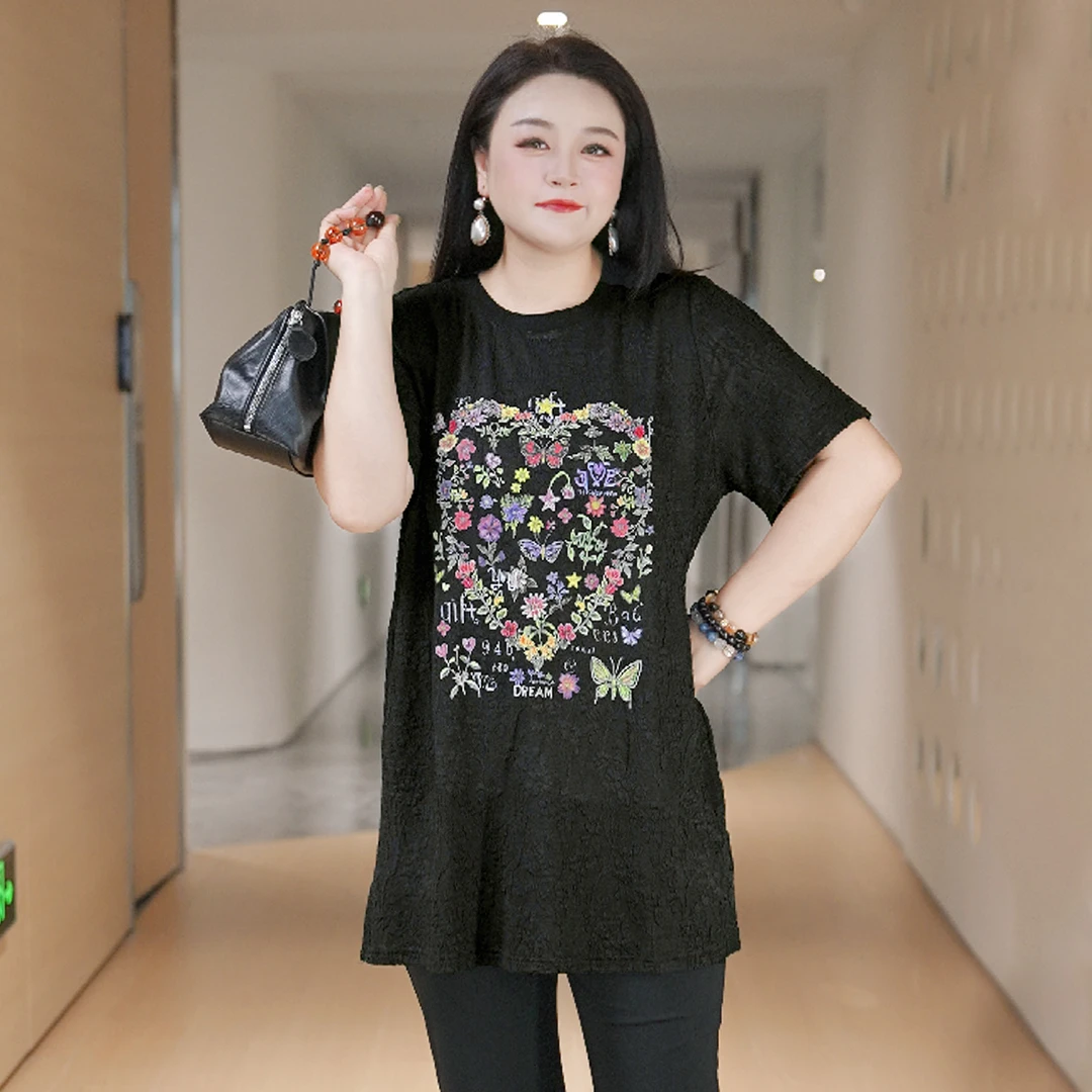 【繁华似梦】MsShe大码女装秋季复古印花开叉针织短袖T恤J~B2504070