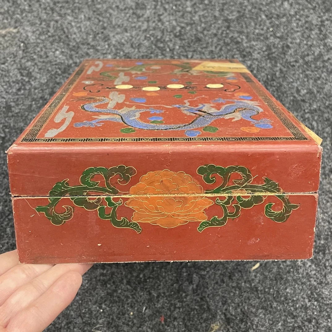 【闪购商品】闷/红漆双龙扁长木盒摆件复古工艺