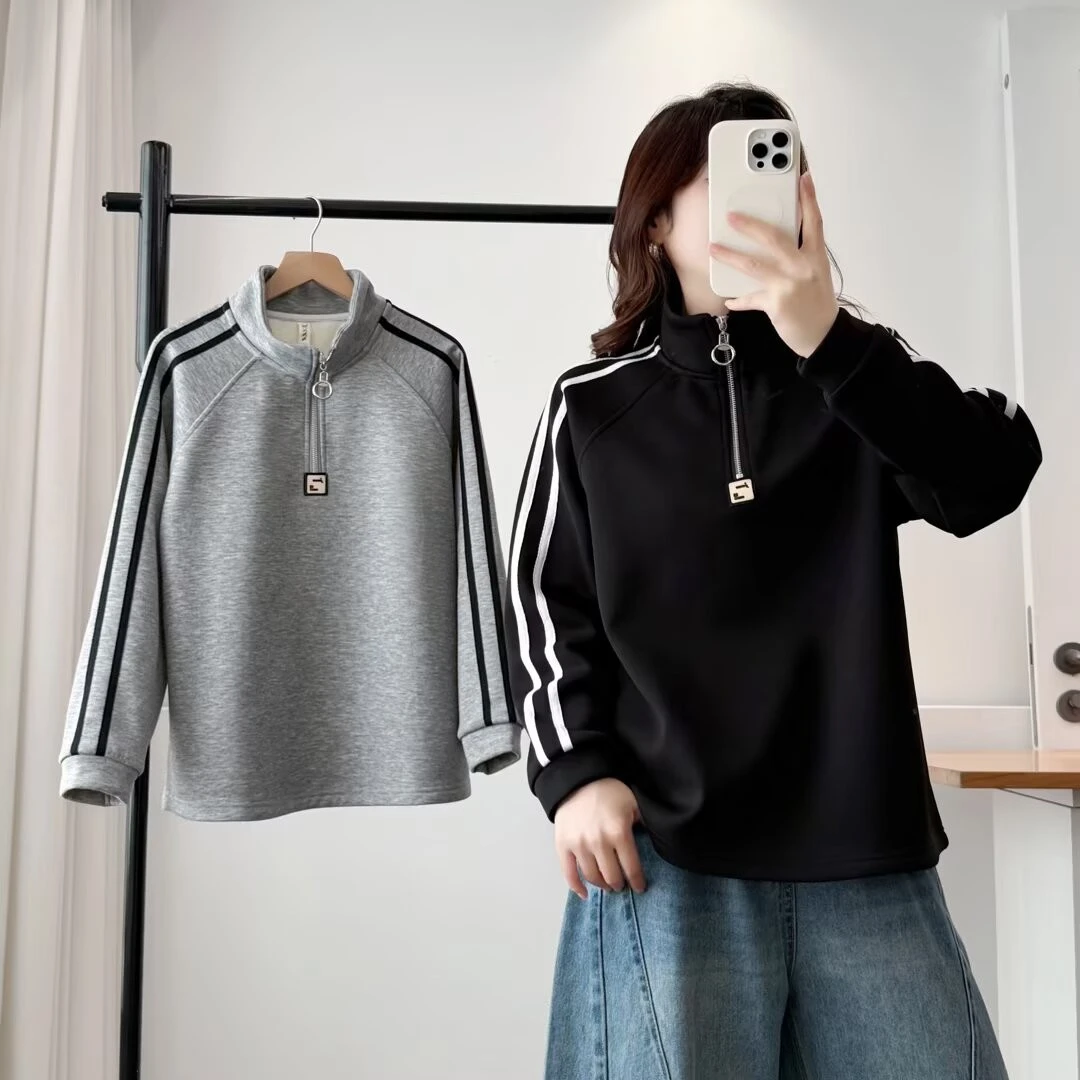 大码胖mm冬季加绒加厚卫衣拉链韩版立领休闲百搭洋气保暖卫衣