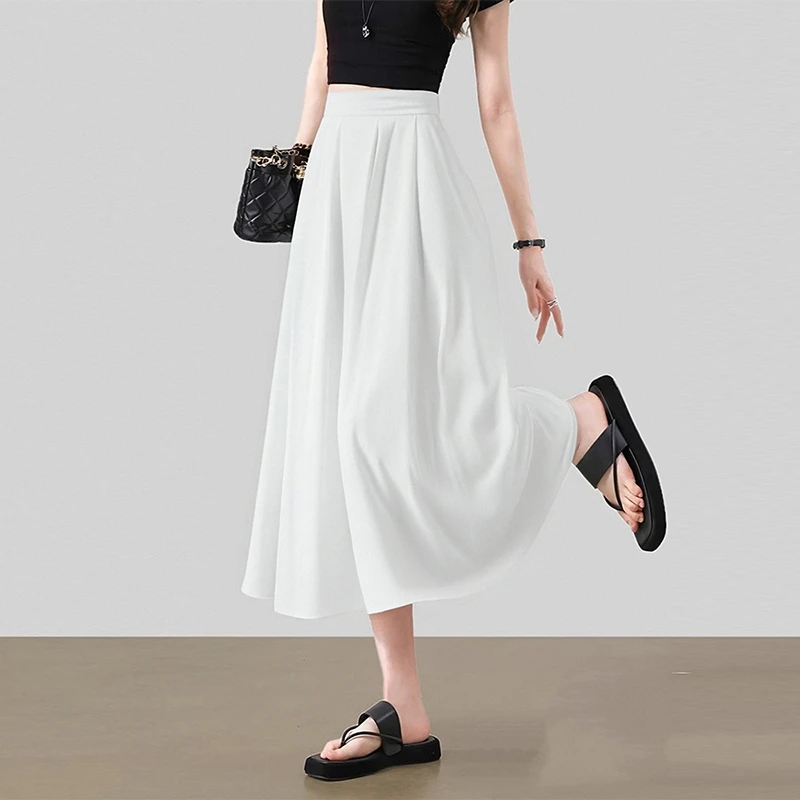 拉夏贝尔白色半身裙女夏薄款2025新款高腰显瘦垂感气质百褶a字裙