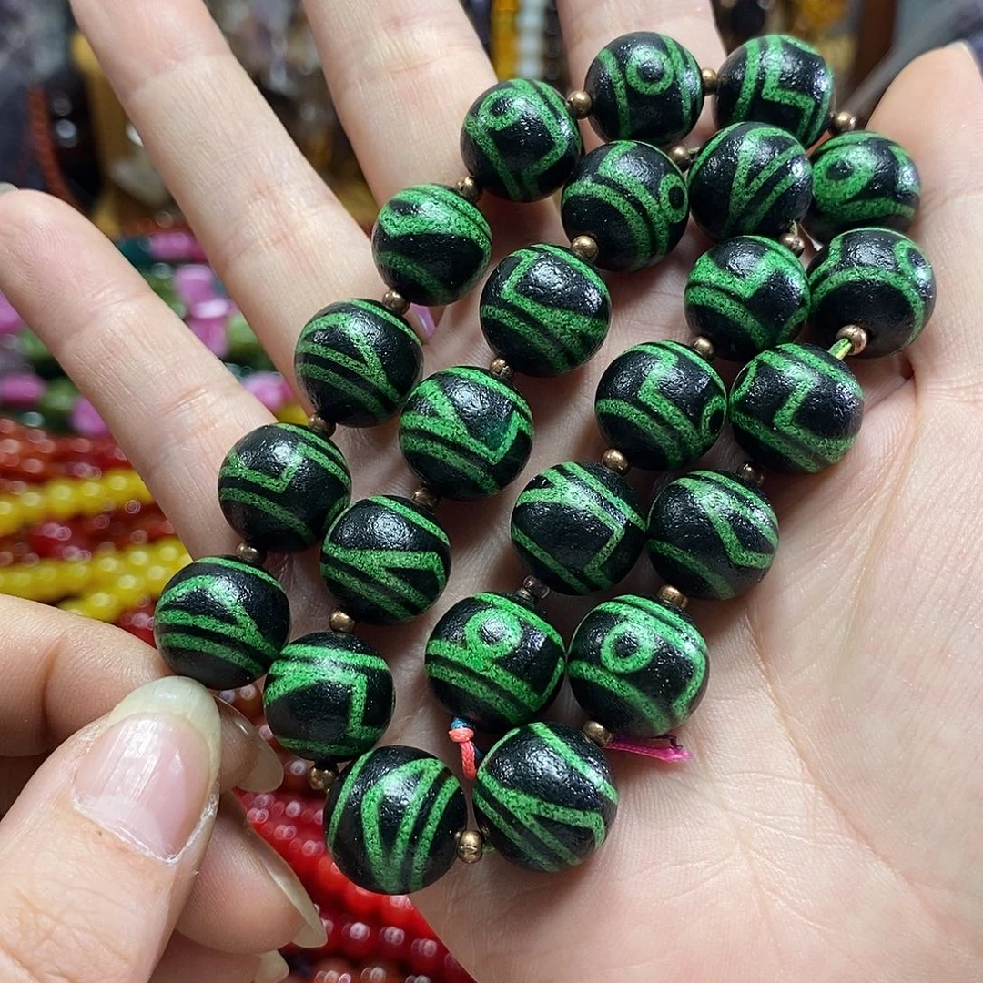 玛瑙/玉髓未镶嵌珠宝半成品橘皮绿玛瑙天珠一条卡14mm