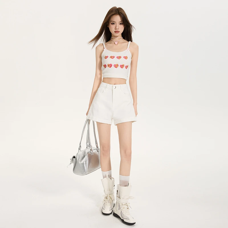 白色卷边牛仔短裤女夏季薄款2025年新款高腰宽松显瘦美式辣妹热裤