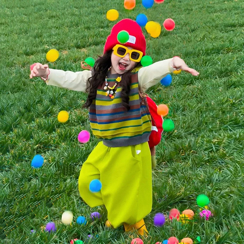 女童春秋2025新款多巴胺风套装小女孩秋季洋气时髦韩系马甲阔腿裤