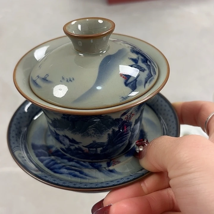 陶摆件老陶泥富春山居图马蹄盖碗