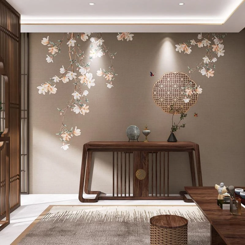 中式花鸟壁纸中国风瑜伽养生馆茶室餐厅大气玄关高档新中式照墙纸