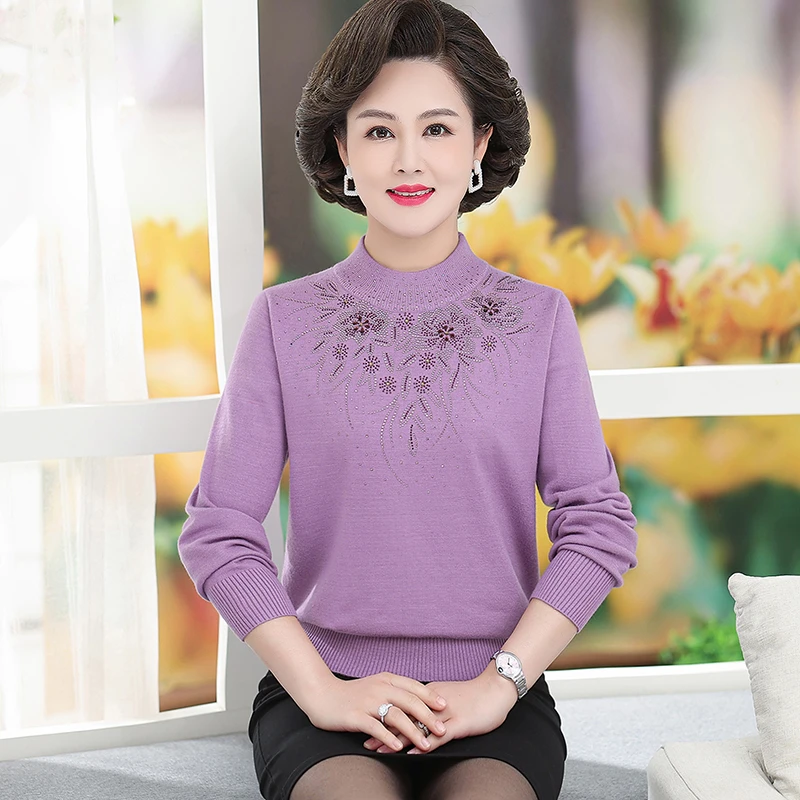 妈妈春秋冬季半高领毛衣中老年人洋气长袖上衣中年女装针织打底衫