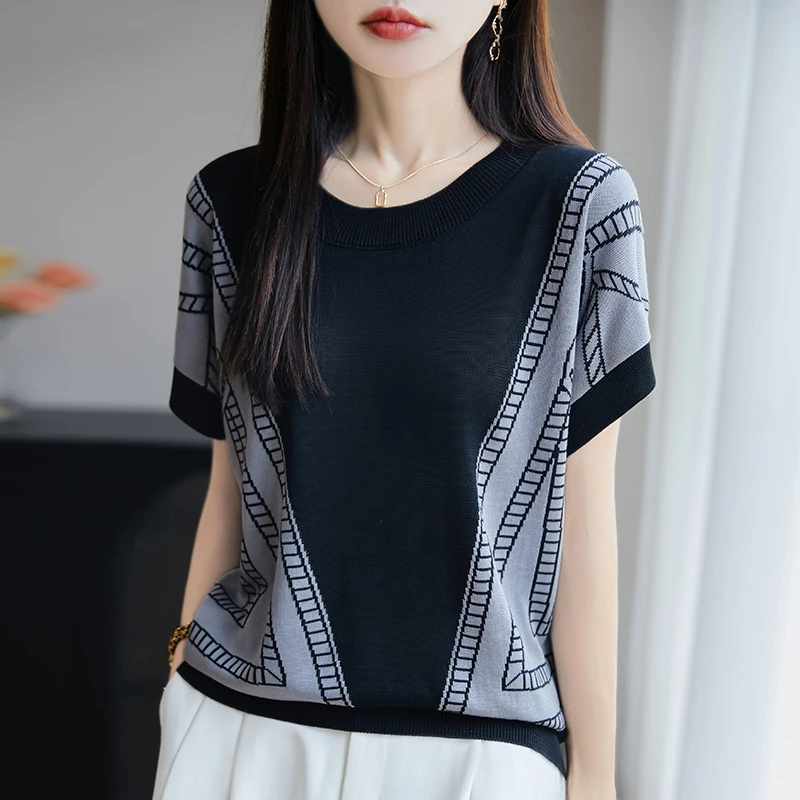 哥弟阿玛施正品夏季新款拼色圆领设计感小众时尚百搭圆领上衣T恤