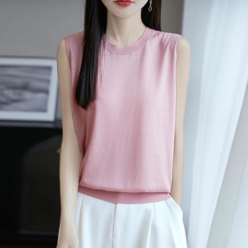 桑蚕丝+醋酯+莱赛尔天丝圆领无袖针织吊带背心女内搭宽松上衣t恤