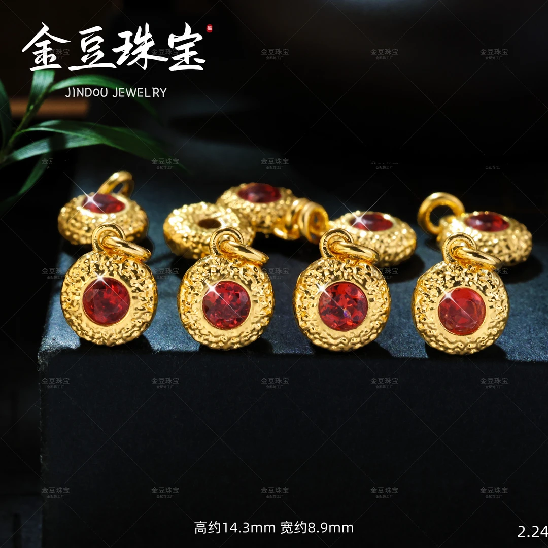 【金豆工厂】大金饼||18K金豪镶石榴红圆牌吊坠滴溜挂坠（厚5D金）F