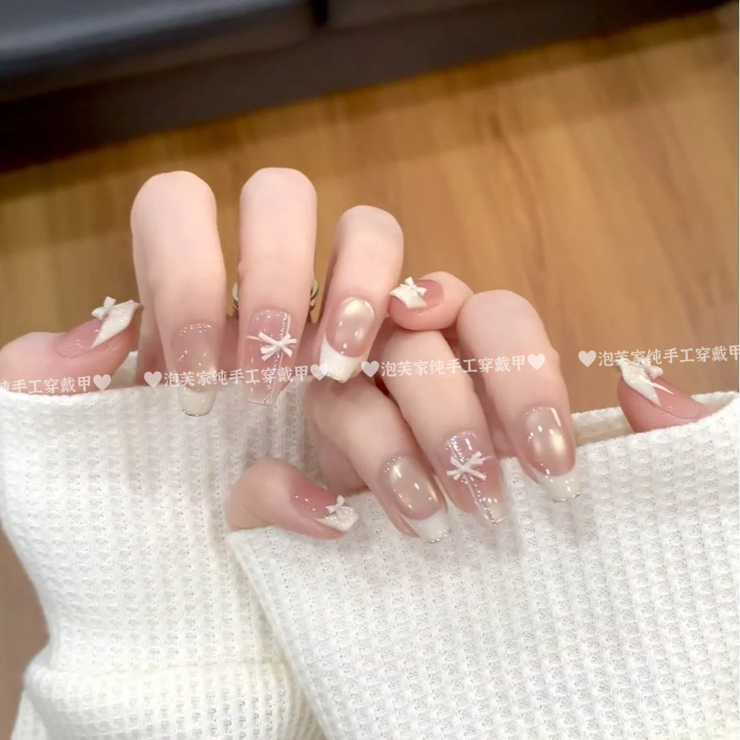 【微甜少女】纯手工穿戴甲春日中长款法式甲片温柔纯欲风显白美甲