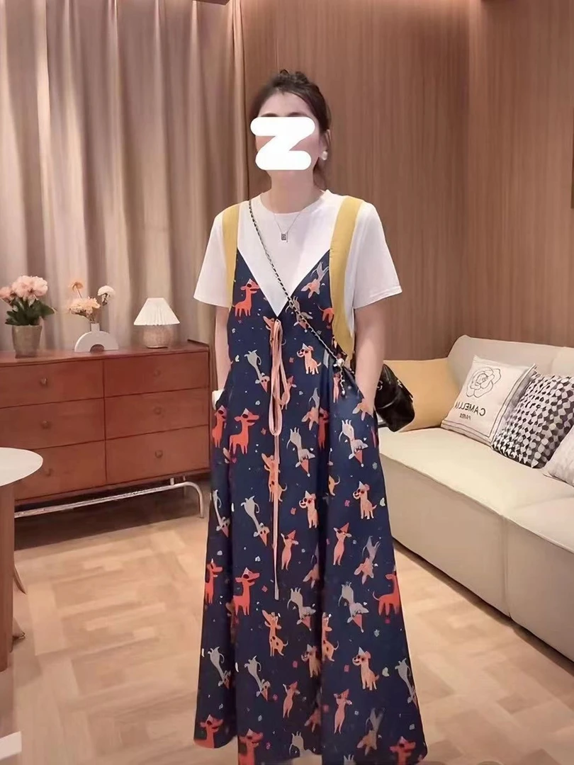 胖mm休闲风假两件印花碎花时尚老钱风减龄法式夏季遮肉连衣裙
