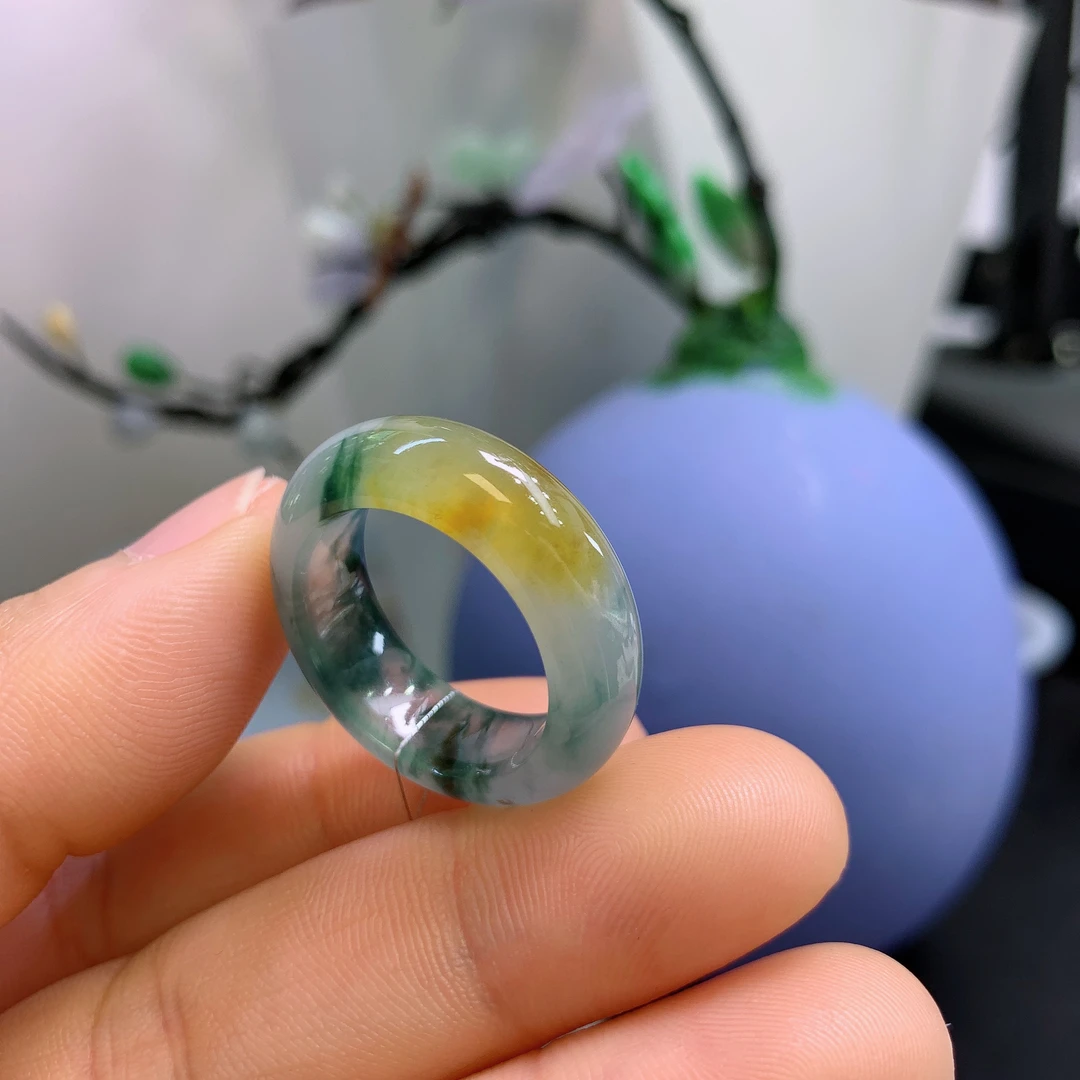 17-18圈口缅甸天然翡翠A货冰黄飘花戒指A395#