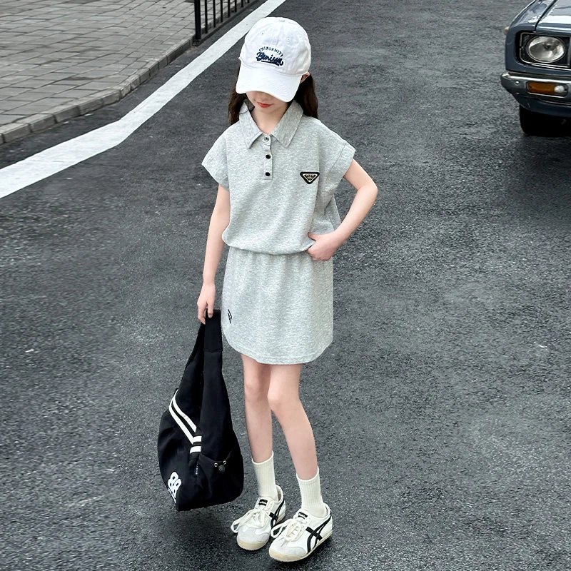 2025女童夏季新款韩版休闲时尚运动服polo衫短袖上衣半身裙两件套