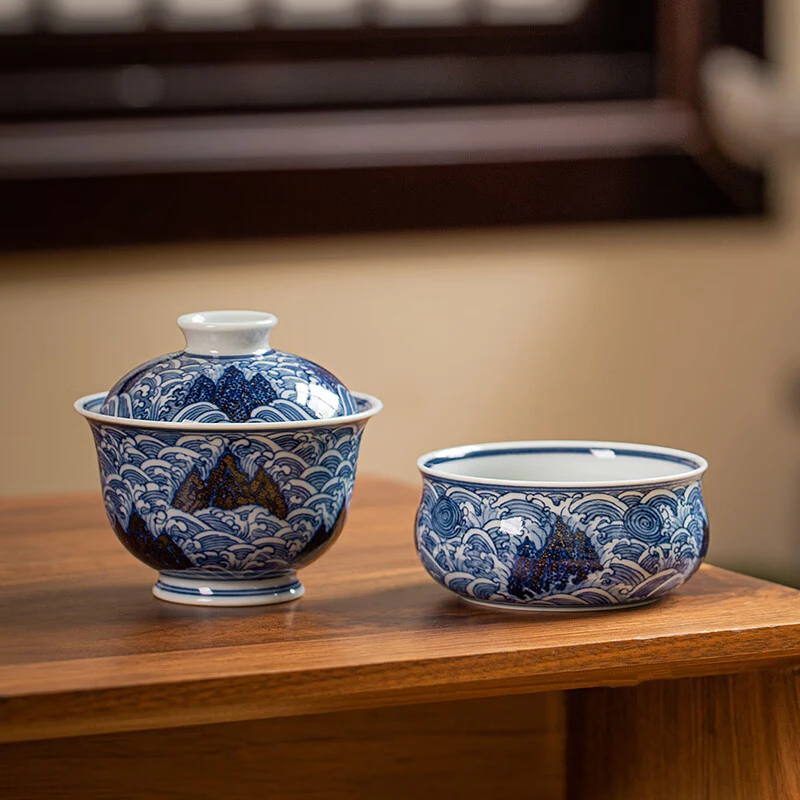 缘起墨舍【墨舍柴窑】青花海水龙内绘茶具纯手工手绘盖碗炉式复古