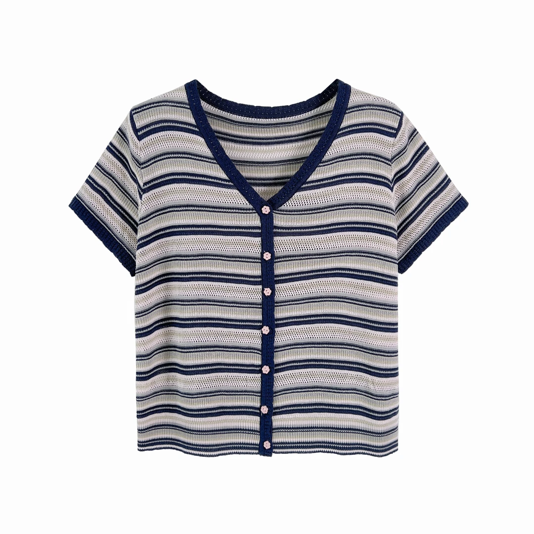 条纹v领短袖冰丝针织开衫女薄款夏季2025新款洋气高级感针织上衣