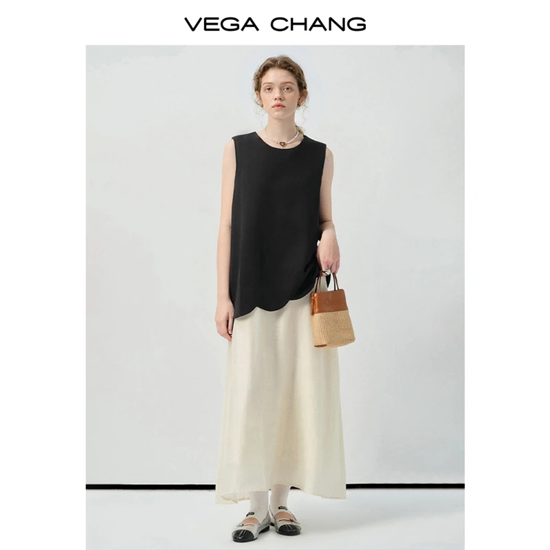 VEGA CHANG无袖连衣裙女2025新款夏季拼接不规则下摆背心裙0495DN