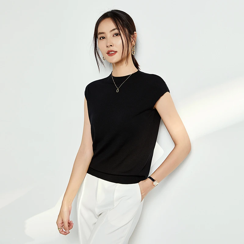 【直播专属】夏季时尚黑色包袖针织衫莱赛尔薄款通勤背心女BF219022