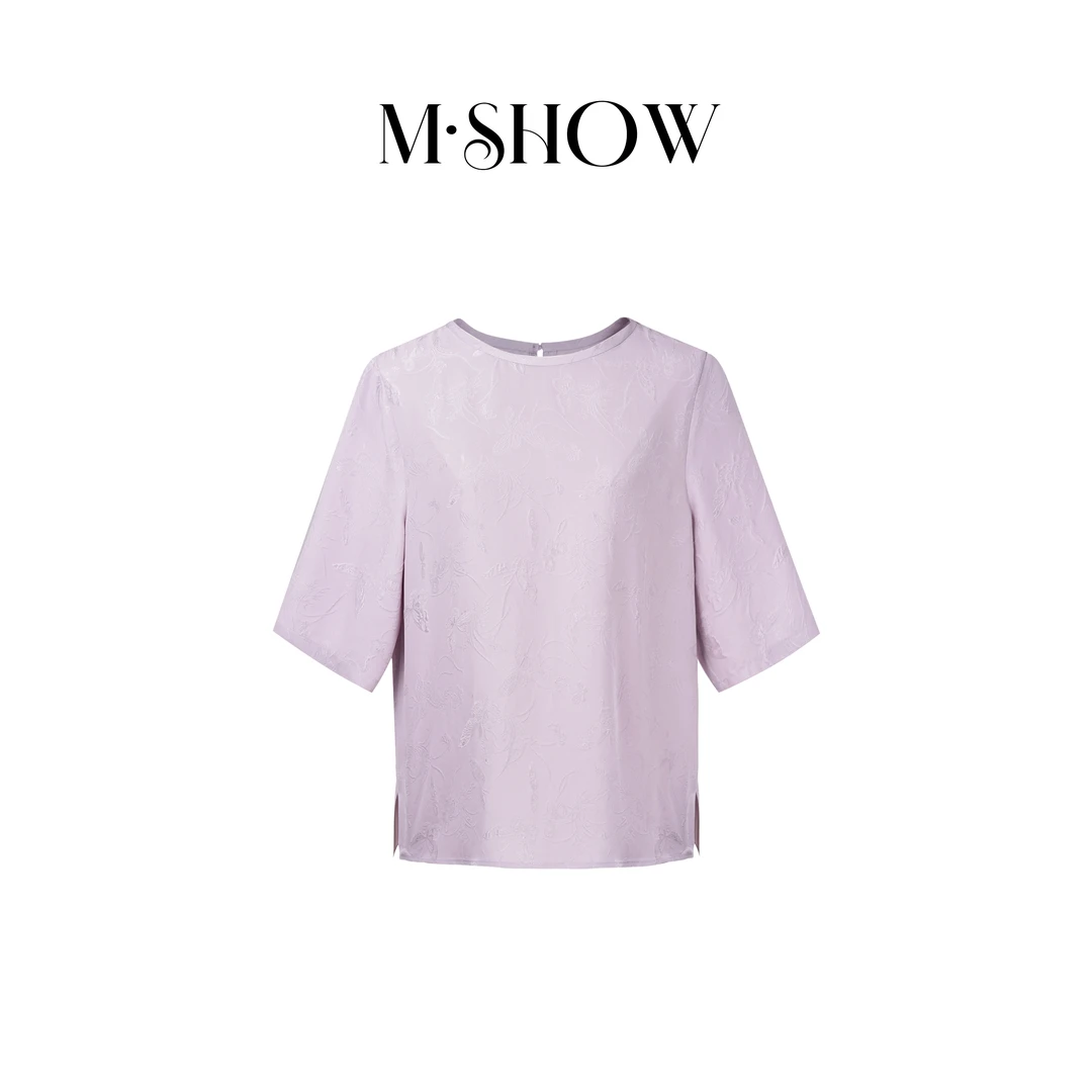 【紫蝶飞舞】100%桑蚕丝26姆米冠乐绉提花圆领真丝短袖衫5138C