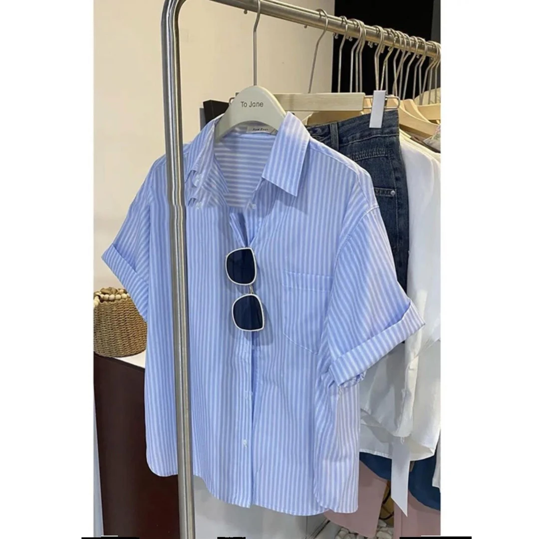 大码300斤复古蓝色条纹短袖衬衫夏季小众polo领气质时尚衬衣男款2