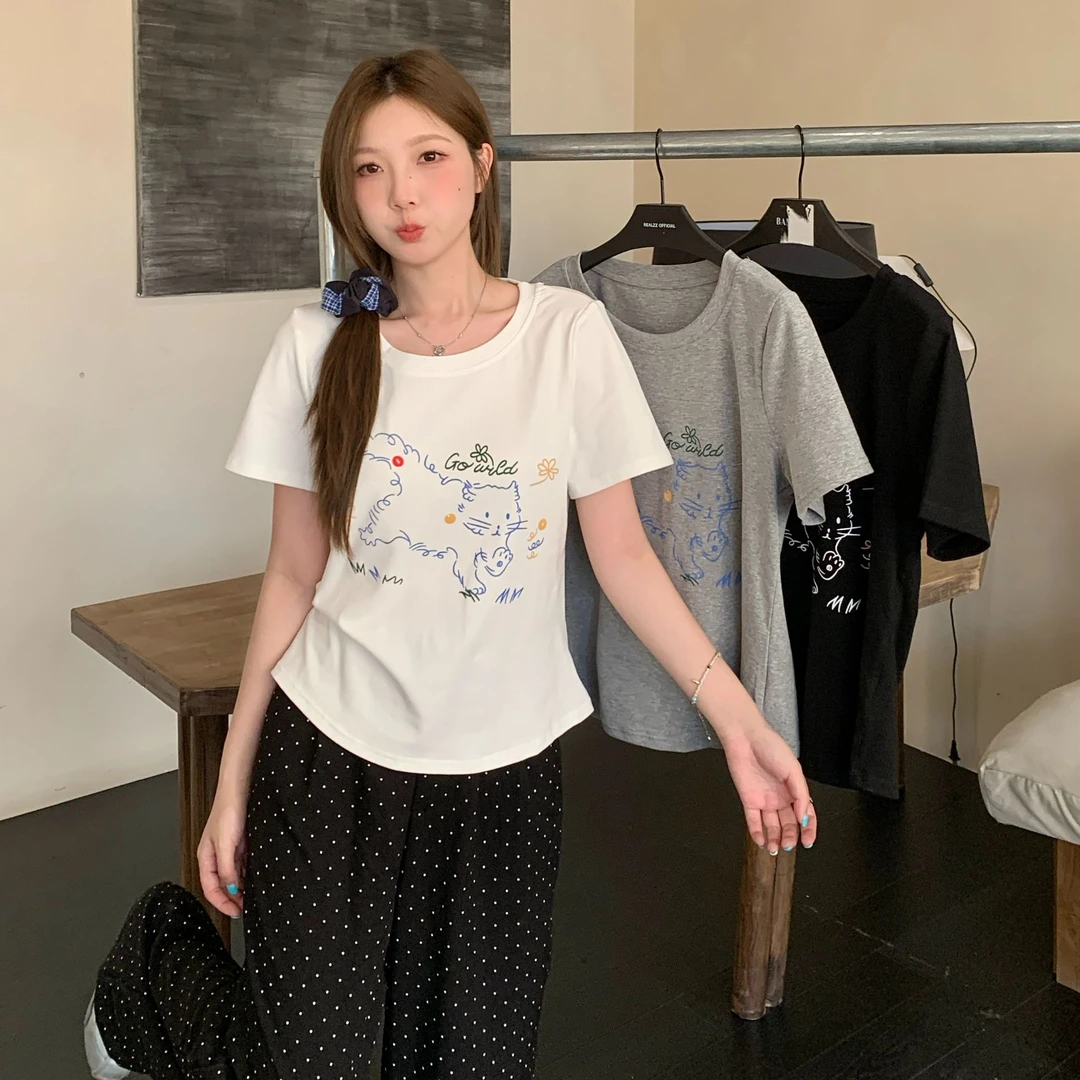 夏季新款胖mm大码卡通猫咪印花短袖t恤休闲趣味正肩上衣