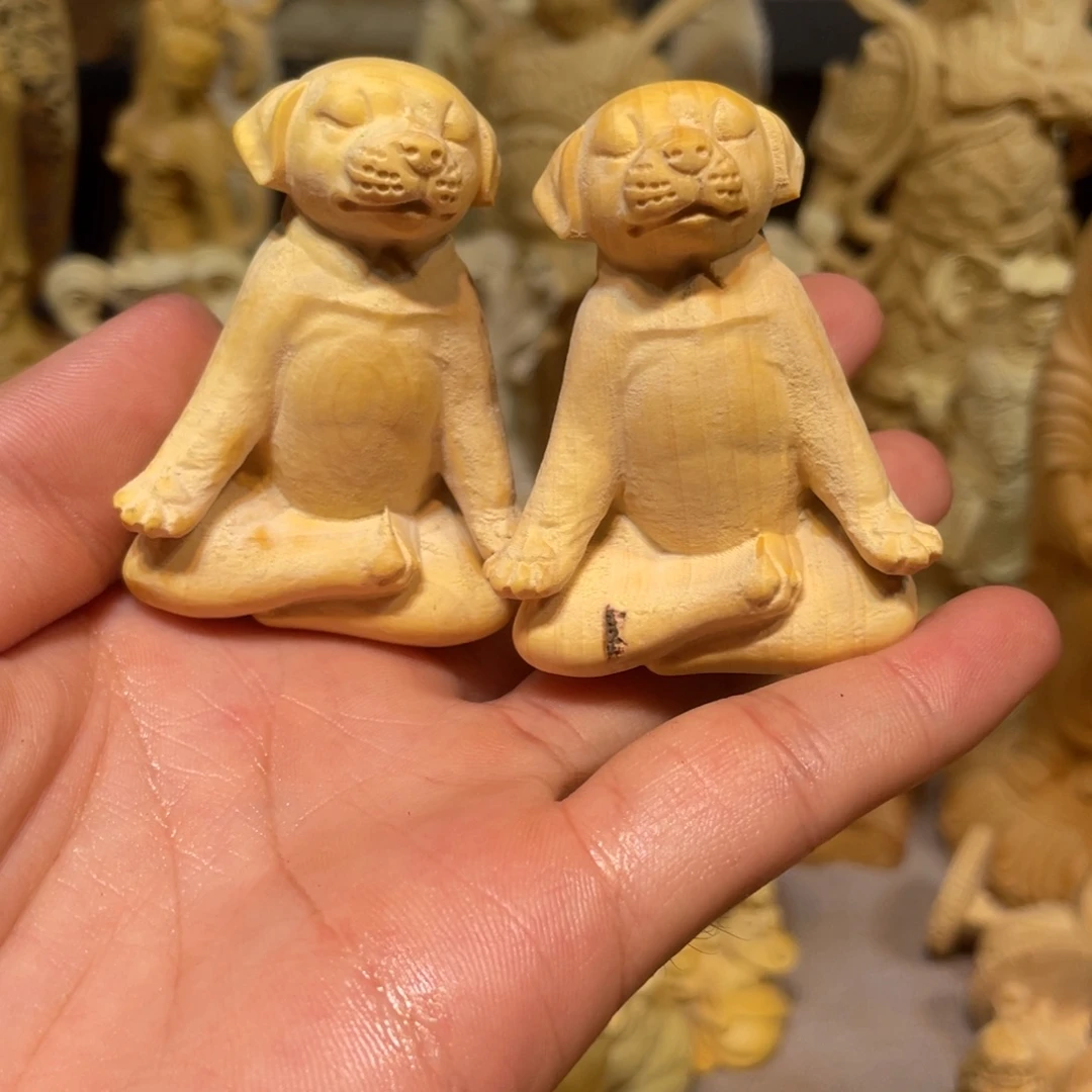 黄杨木瑕疵打坐狗一对