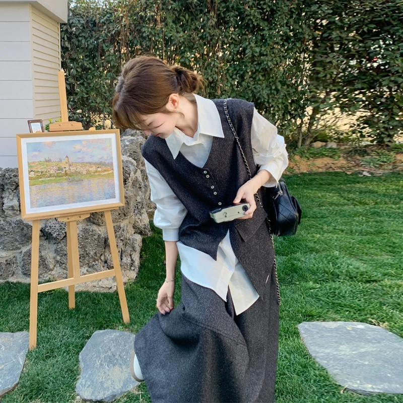 极简风马甲衬衫半身裙2025秋冬新款不规则设计感韩系ins风三件套