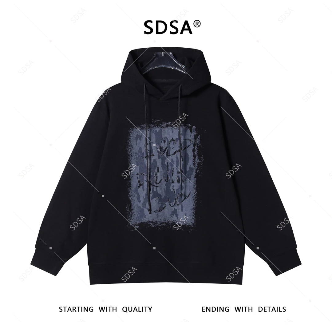 SDSA秋季新款男士痞帅简约抽象印花抽绳套头连帽卫衣设计师宽松潮